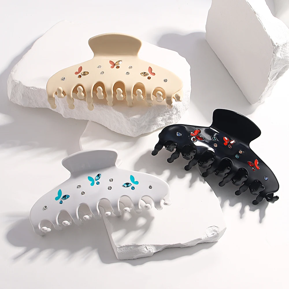 

New Acetate Colorful Rhinestone Butterfly Pattern Shark Hair Clip Claw For Women Fashion GeometricFixed Ponytail Crab Headwear