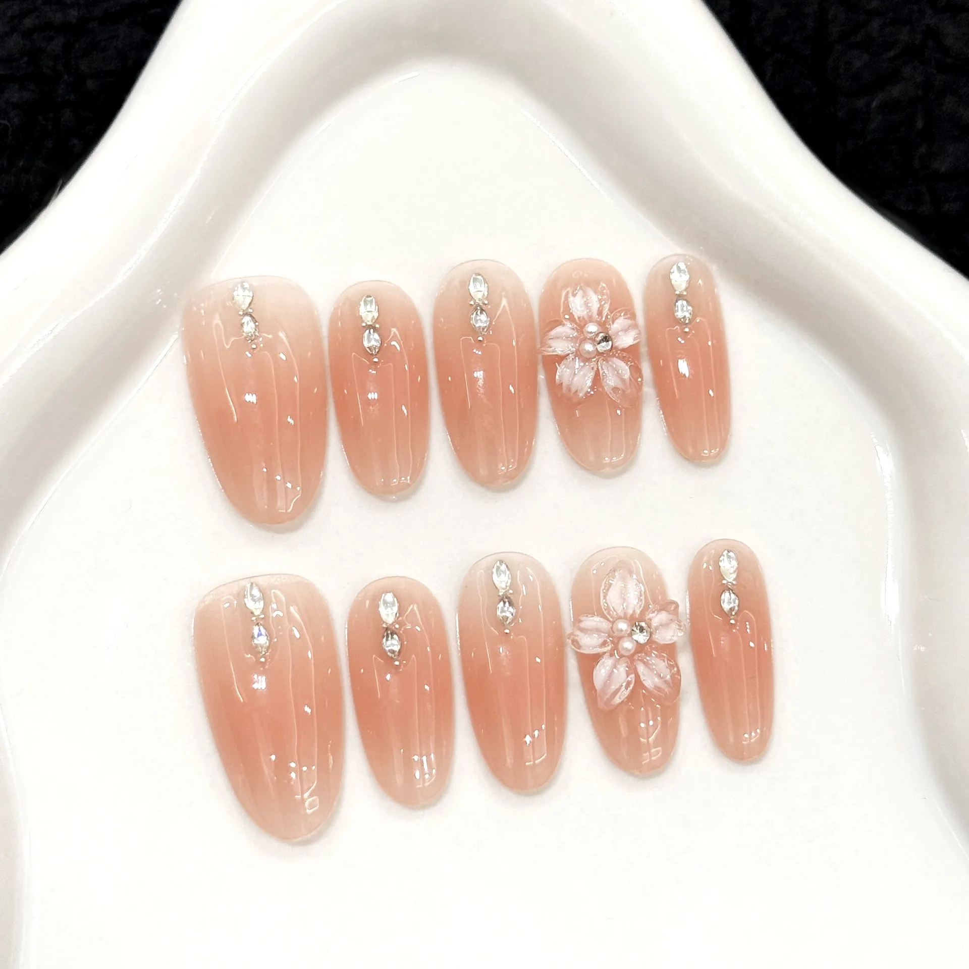

10pcs Handmade Nude Ballerina Press On Nails 3D Carving Flower Rhinestone Design False Nails Wearable Manicure Nails Art Tip
