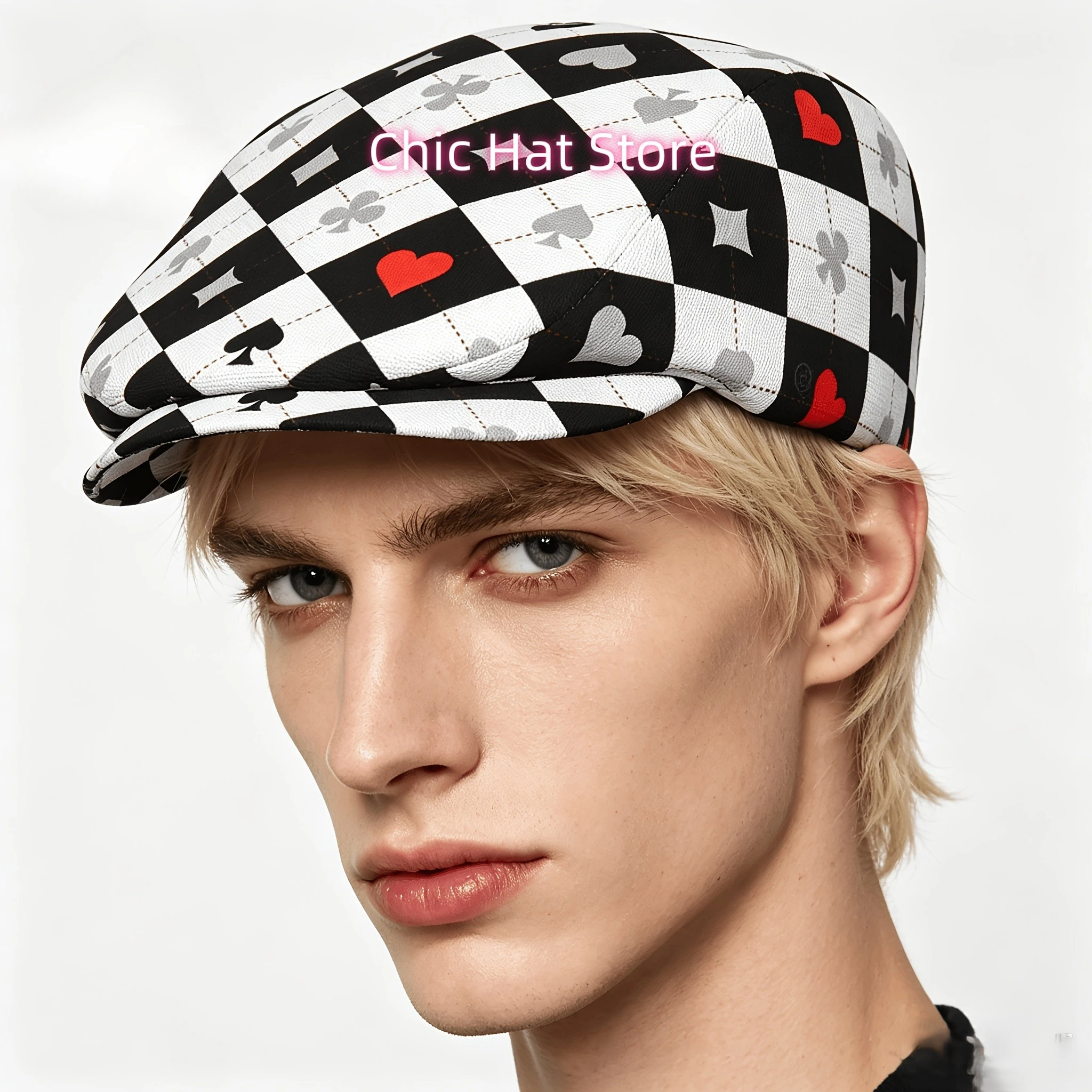 1pc of Flat-Top Hats Featuring a Black And White Checkerboard Design of Poker Suits, Suitable for Both Men And Women. These Incl