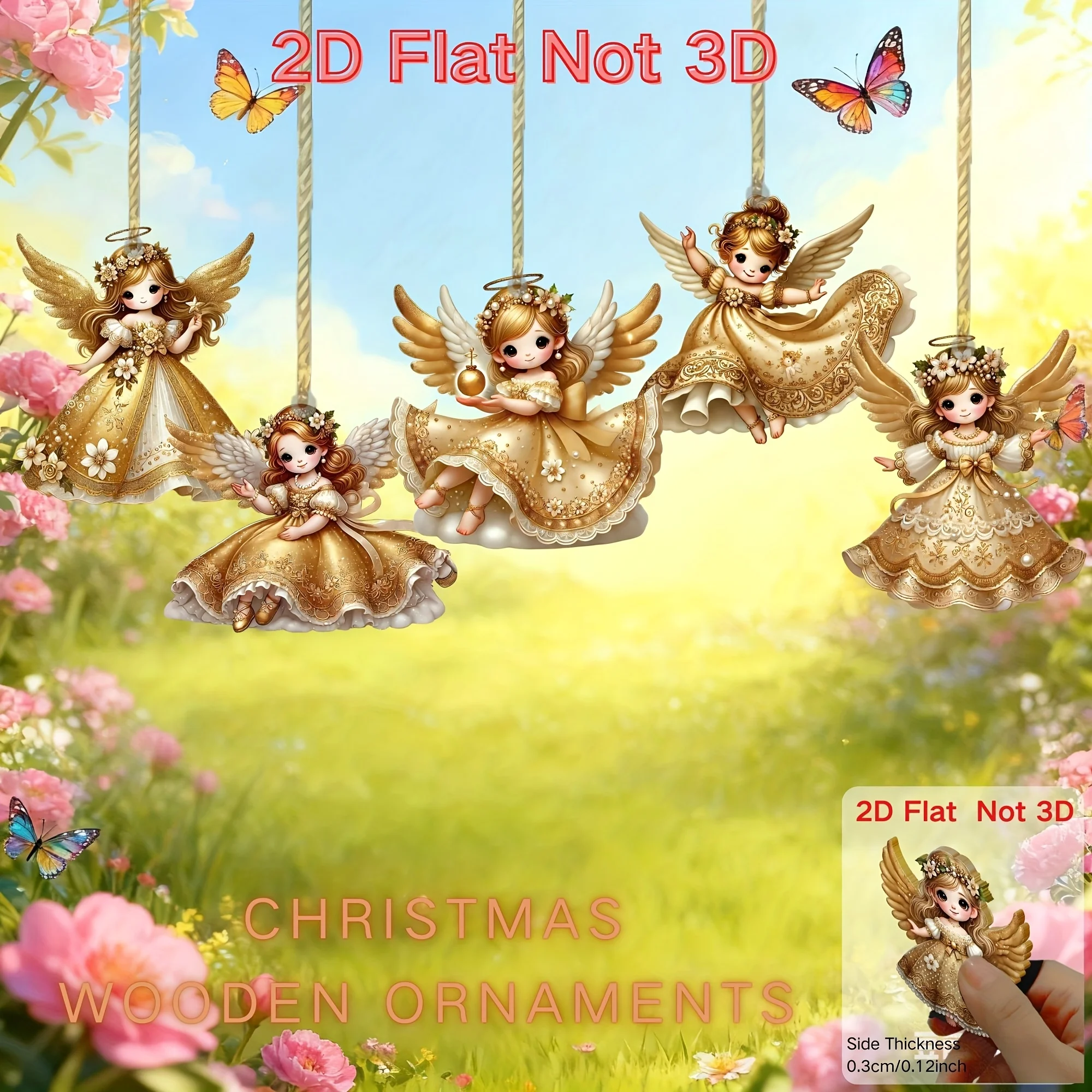 12 قطعة من الحلي المعلقة لعيد الميلاد ثنائية الأبعاد من الملائكة الذهبية الصغيرة لتزيين العطلة صندوق هدايا ديكور شجرة عيد الميلاد