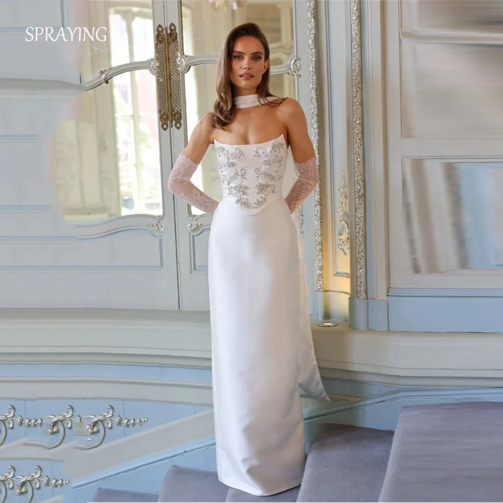 SPRAYING Luxury O-Neck Beaded Lace Applique Wedding Dresses With Lace Cape Gloves Straight Satin Long Bridal Gown Customized