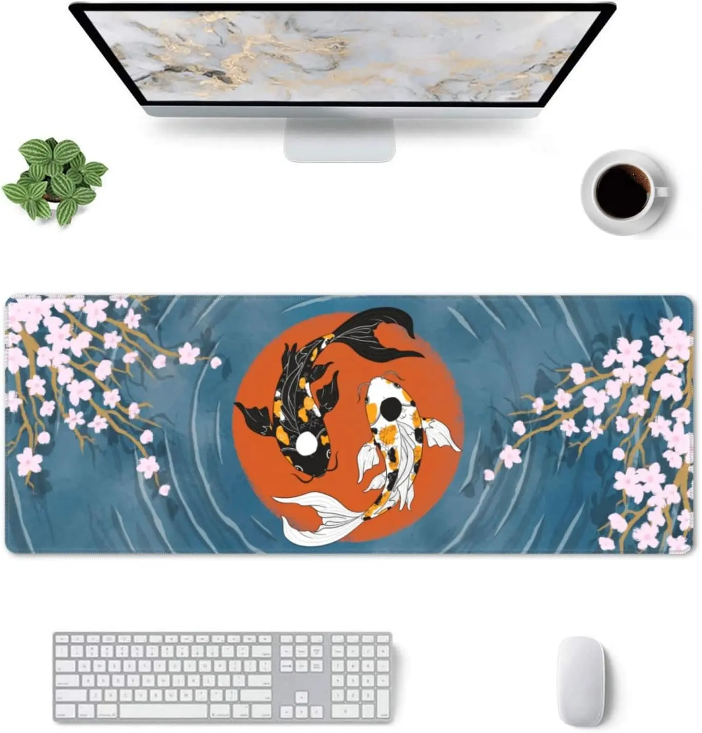 Gaming Mouse Pads Cute Funny Yin Yang Koi Fish Cherry Blossom XL Mousepad Keyboard Non slip Base 31.5*11.8 Inch for Laptop