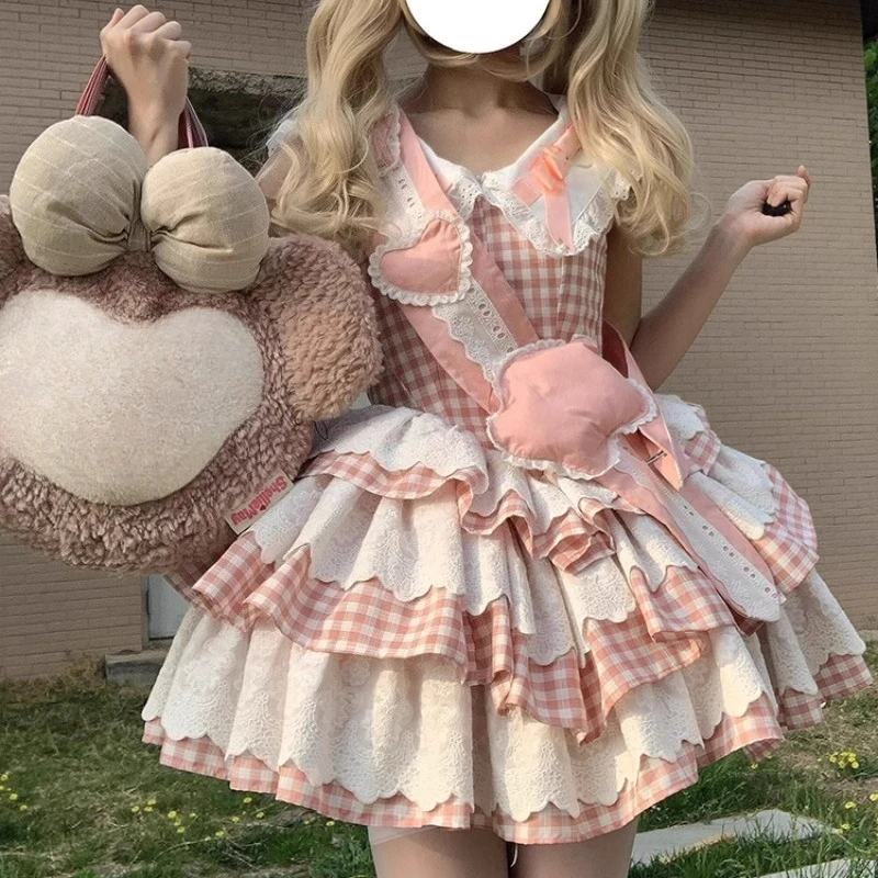 2025 japonês verão bonito doce rosa xadrez pequenas mangas voadoras lolita cintura fina em camadas vestido fino para mulher