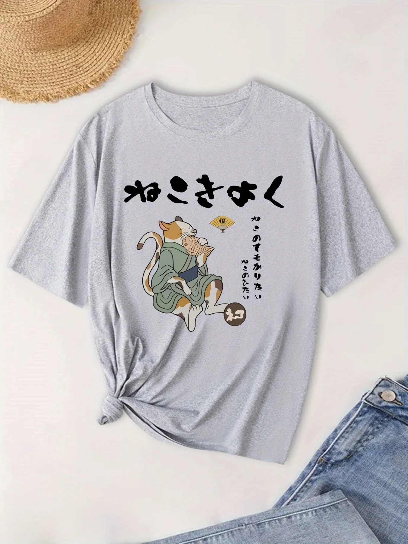 Japanese Letter Pattern New Women's Spring, Summer Short Sleeved Directional Printed T-shirt Women's Top Round Neck Casual