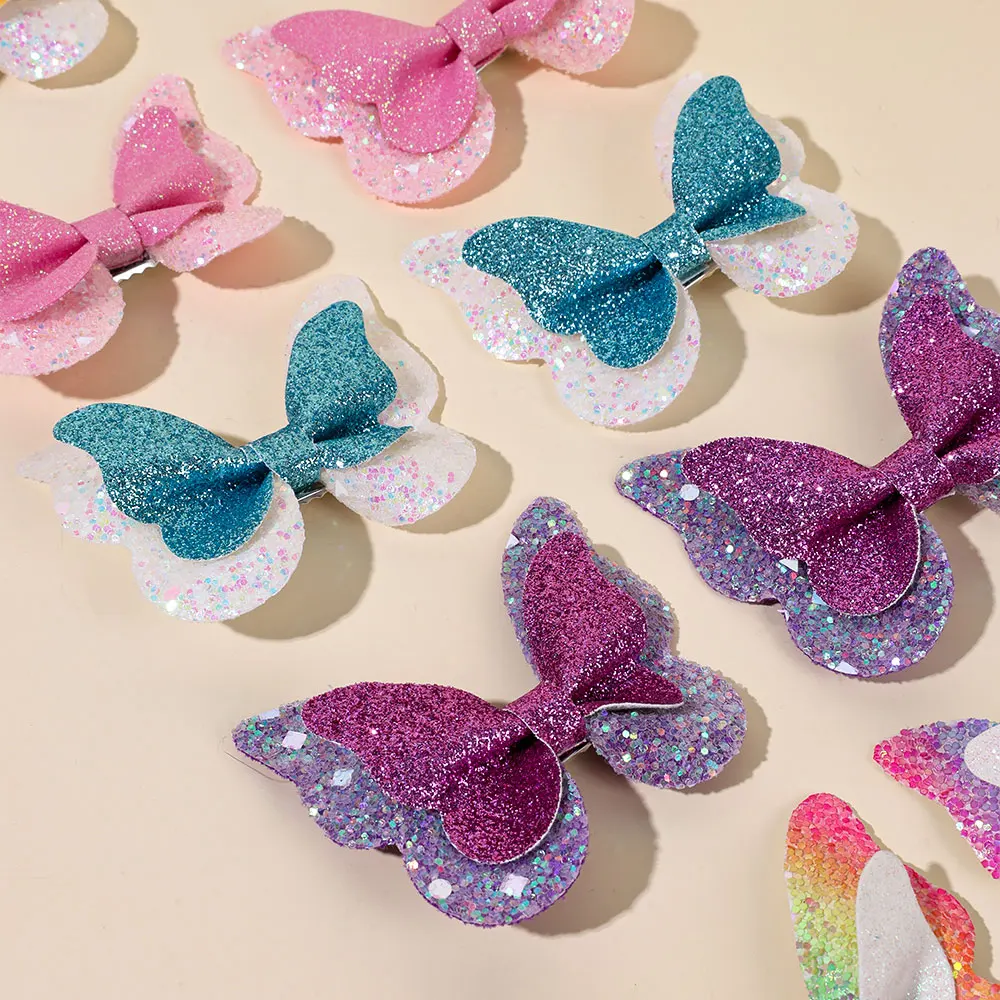 2PCS Shinng Butterfly Hair Clip For Baby Girls Sequins Double Butterfly Hairpin Children Barrettes Headwear Hair Accessories