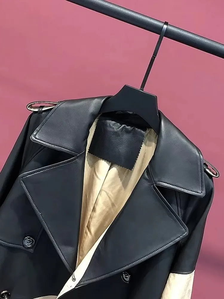 사무실 레이디 우아한 정품 가죽 트렌치 패션 패치 워크 슬림 벨트 더블 브레스트 양피 코트 streetwear 여성 오버 코트