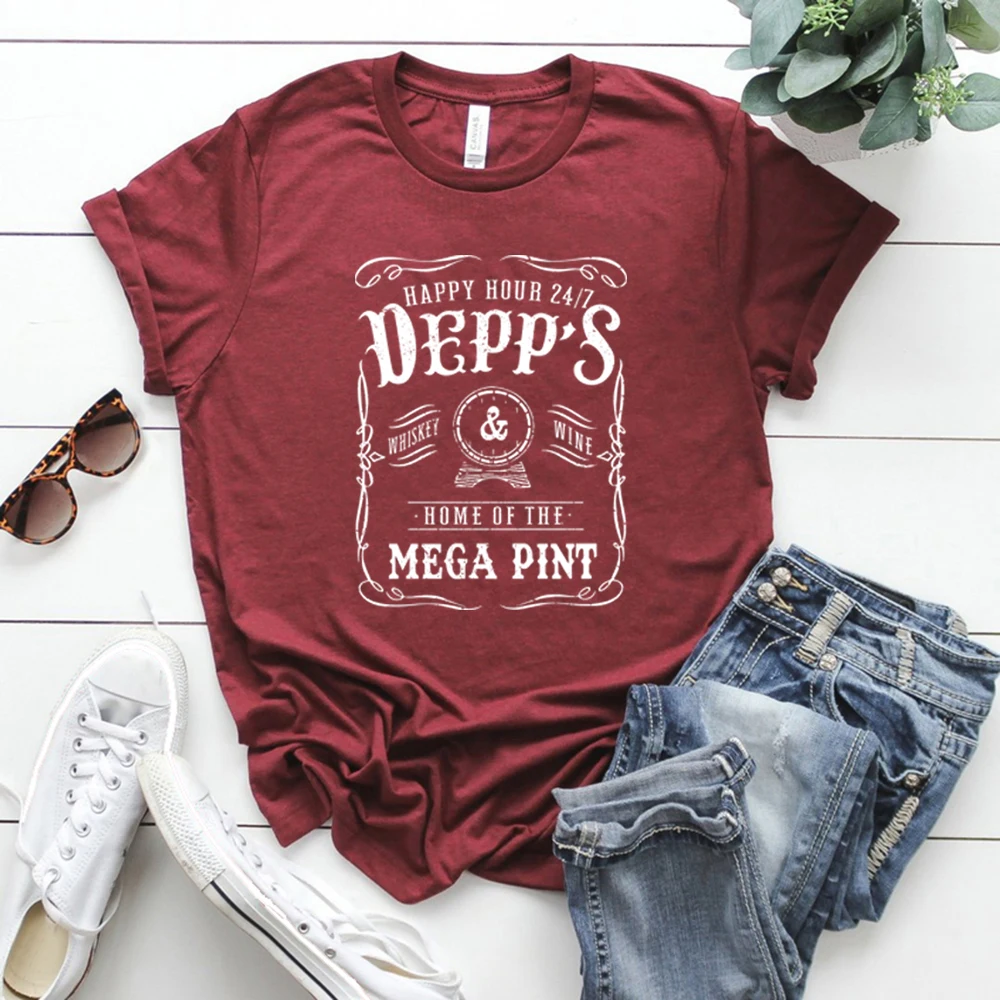 Johnny Depp Happy Hour 24/7 T Shirt Home of The Mega Pint T-shirt Funny Wine Tshirt Graphic T Shirts Vintage Short Sleeve Tees