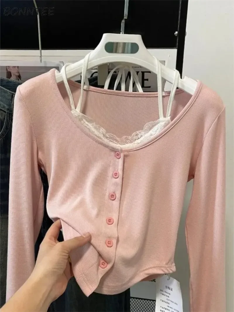 Pink T-shirts y2k Lace Patchwork Pink Crop Top Button Full Sleeve Grunge Fariycore Cute Tee Women Harajuku Korean Chic Pullovers