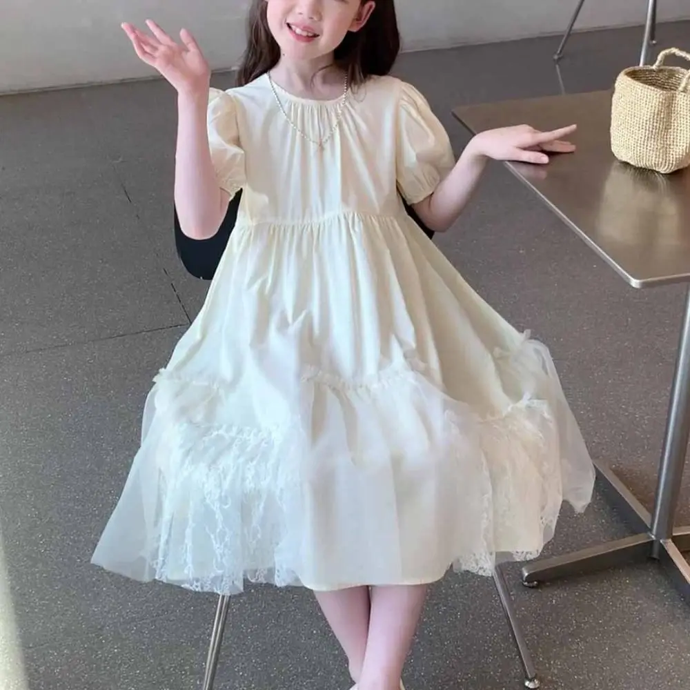 

Elegant Loose Girls Puff Sleeve Dress Pleated Lace Summer Kids Dresses Teenagers Party Children Princess Dress Holiday