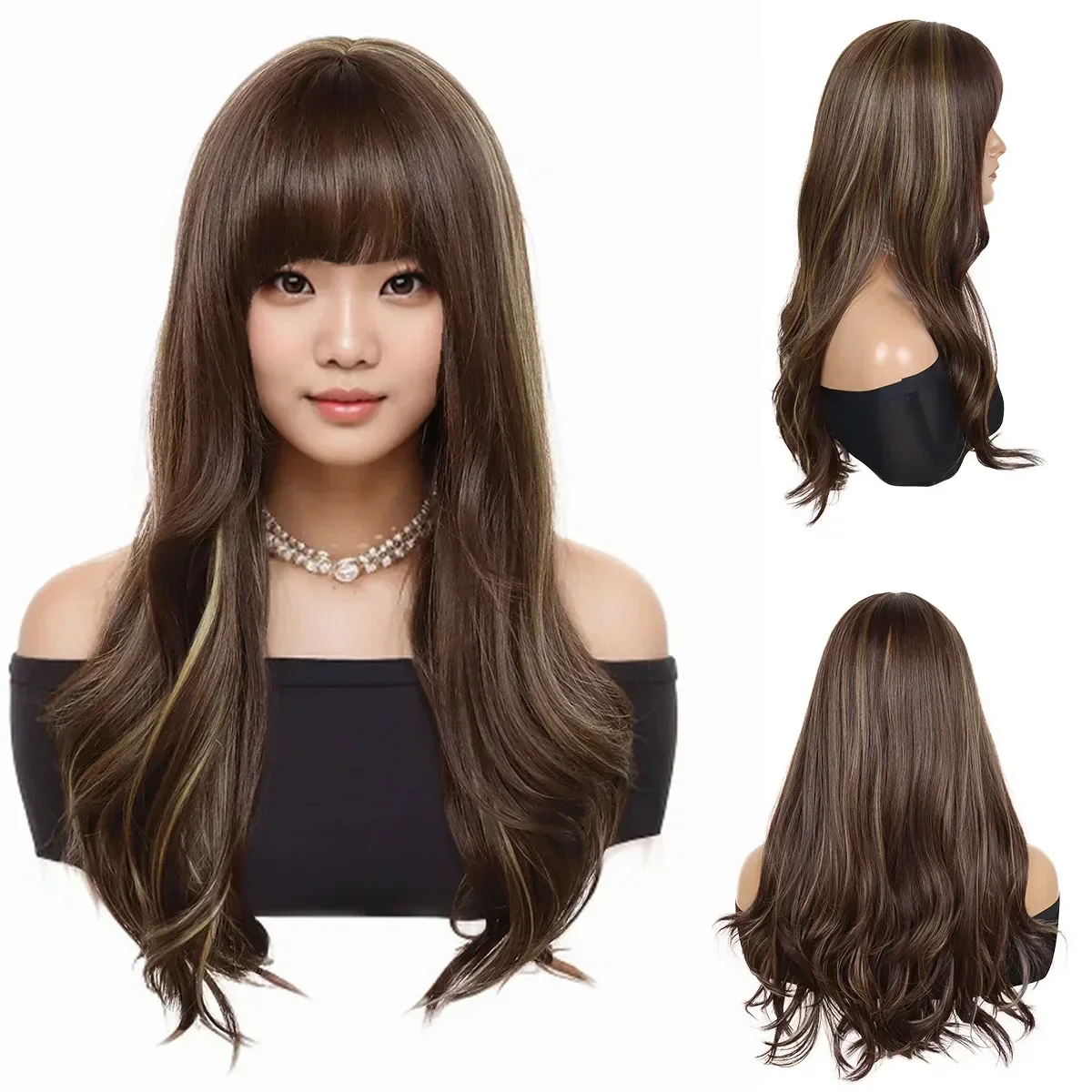 Premium Synthetic Wig with Bangs Long Brown Wavy Wigs for Women Natural Hairstyles Cosplay Costume Highlights Blend Blonde Wig