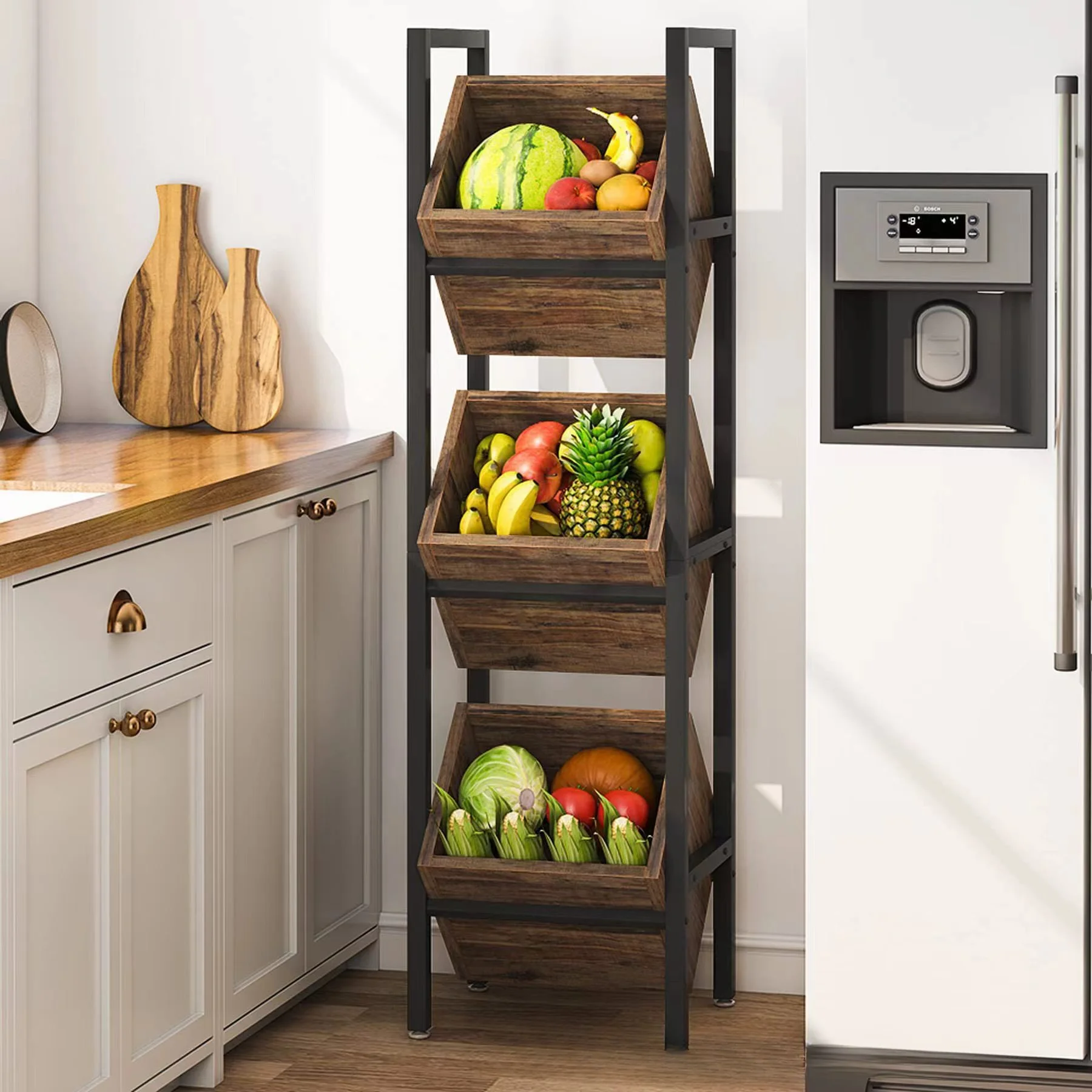 

Simple iron and wood combined with floor-to-ceiling shelves, fruit and vegetable kitchen items storage racks, solid wood