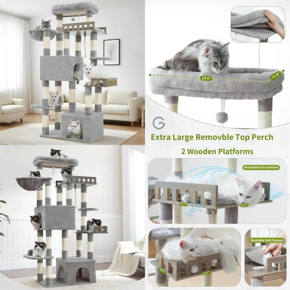 

Sturdy Indoor Cat Tree for Large Maine Coons Over 20 lbs with Hammock and Double Perch
