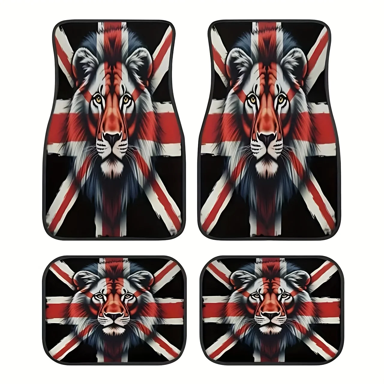 4pcs UK Flag Lion Pattern Car Floor Mats - Patriotic Red, White, And Blue Union Flag Interior Decor Soft Texture, Double-Layer C
