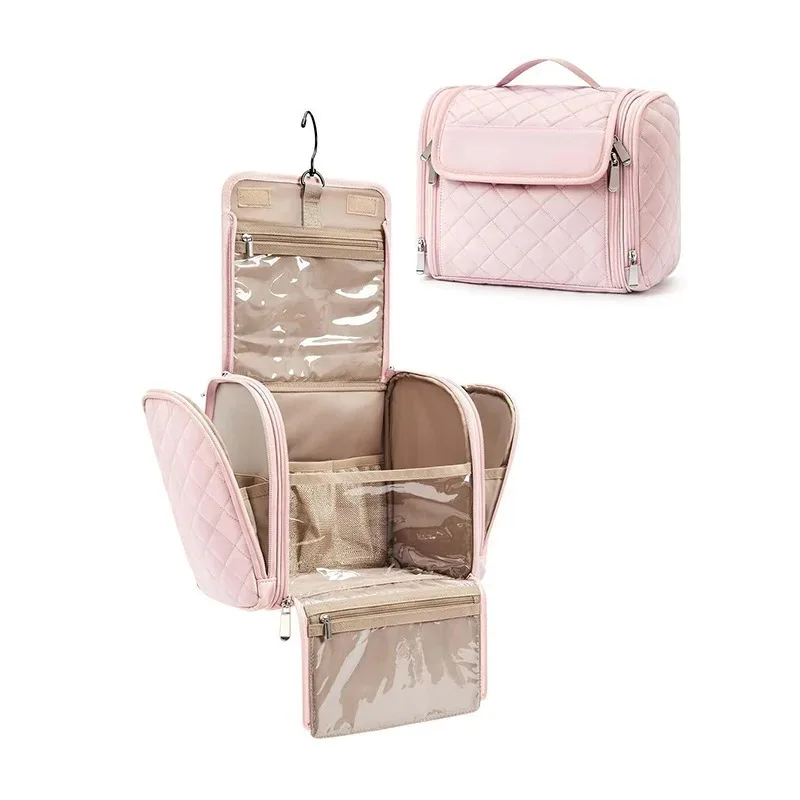 Lightweight and Portable Pink Diamond Patterned Makeup Bag with Layered Large Capacity for Hanging Miscellaneous Items