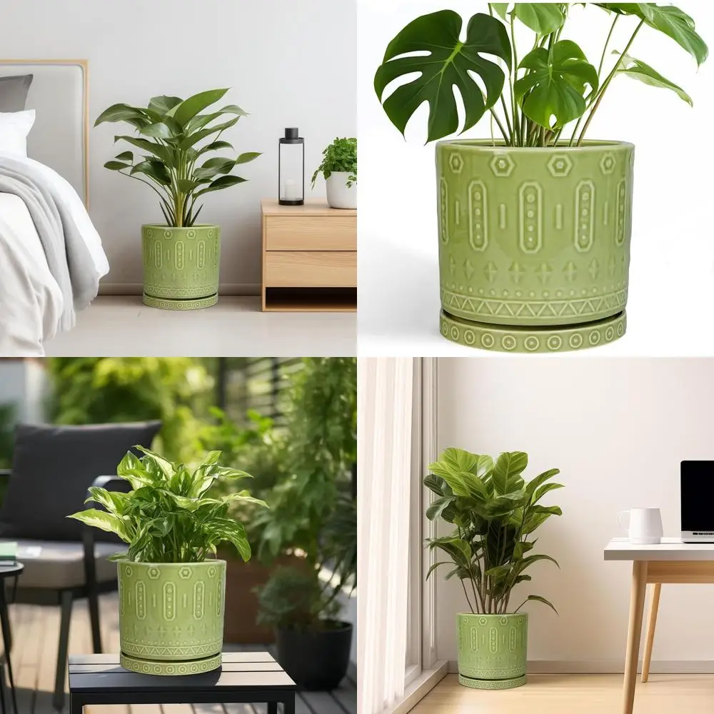 

10 Inch Indoor Plant Pots with Drainage and Saucer - Boho Style Round Planters for Home and Garden, Green
