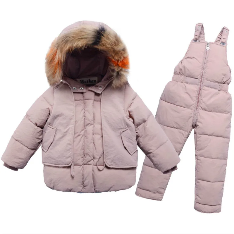 2023 New Winter 2 3 4 6 8 Years Fur Hooded Jacket+Overalls Suit 2Pcs Duck Down Children Clothing Set for Baby Kids Girls Boys