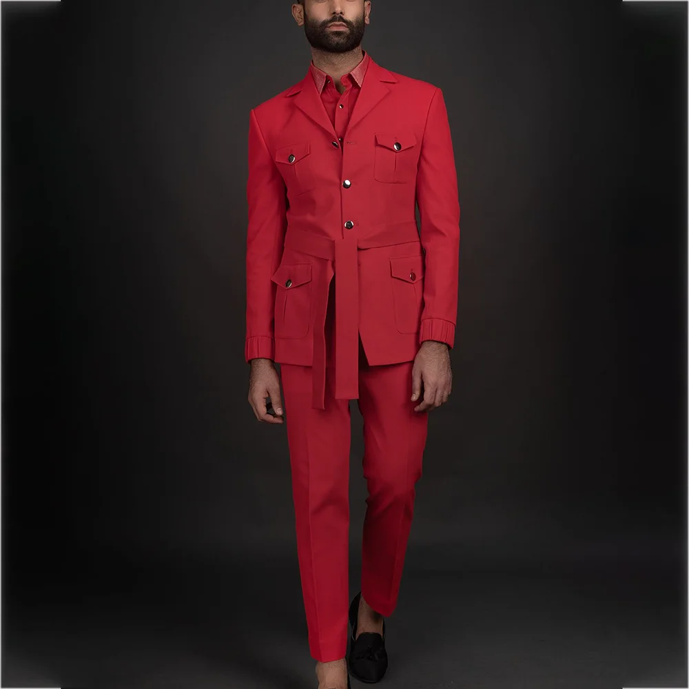 

Red Men Suits Fashion Two Piece Notch Lapel Single Breasted Male Clothing Belt Multi Pocket Handsome Formal Party Suit Set