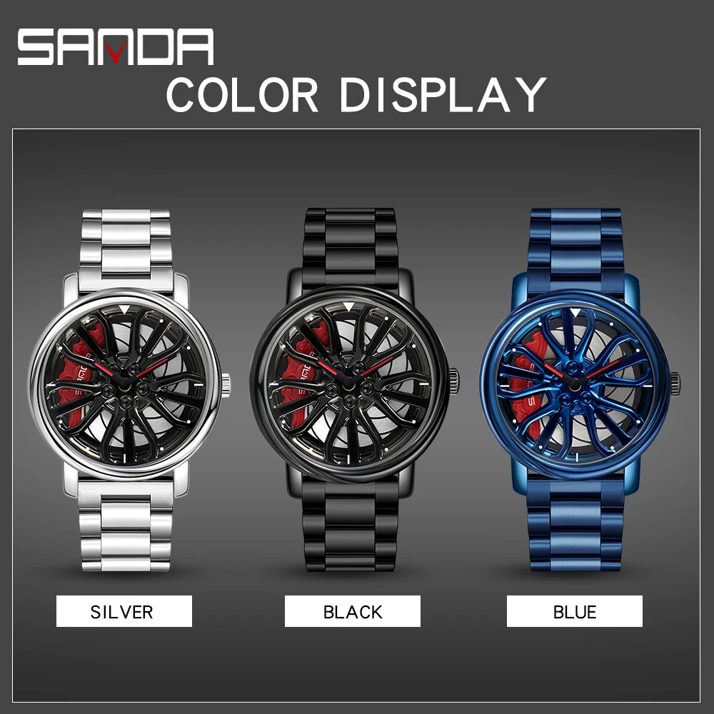 SANDA Men Fashion Hot Sell Car Rim Watch 360 Degree Rotating Wheel Rim Dial Stainless Steel Waterproof Sport Quartz Men Watches