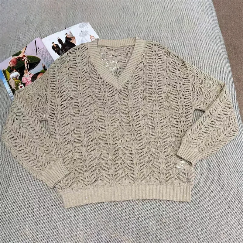 

Women's sweater New elastic knitted V-neck long sleeved top for autumn 2025 Hollow out slim fit pullover linen blend Women top