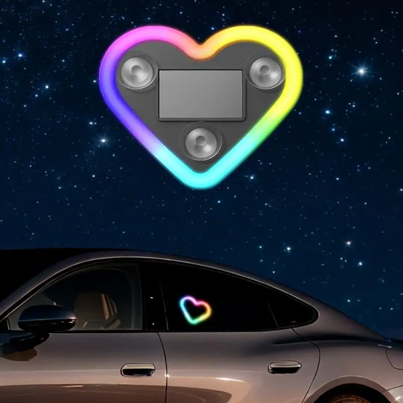1 Set Car Window Suction Cup Led Atmosphere Light Heart Shaped Car Ambient Light 500mAh Solar/USB-C Rechargeable Neon Lamp
