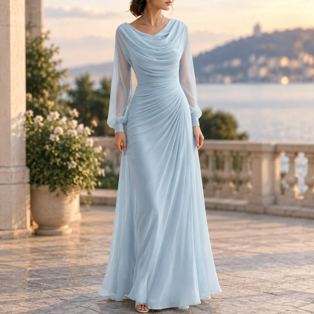Pleated Long Sleeve Gown Bodycon Elegant with Pleated Dress a Line Silhouette High Waist Date a Line Casual Long Dress for Women
