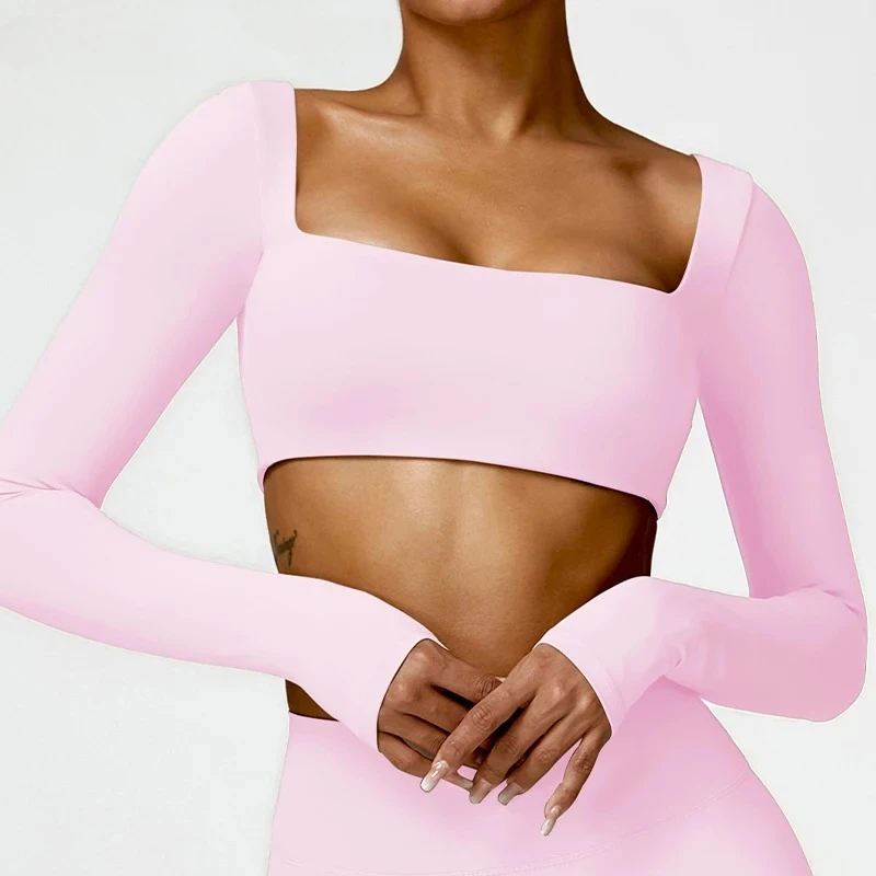 

Casual Quick Dry Sportswear Women Square Neck Gym Top Women Fitness Sports Crop Top Female Long Sleeve Yoga Clothing