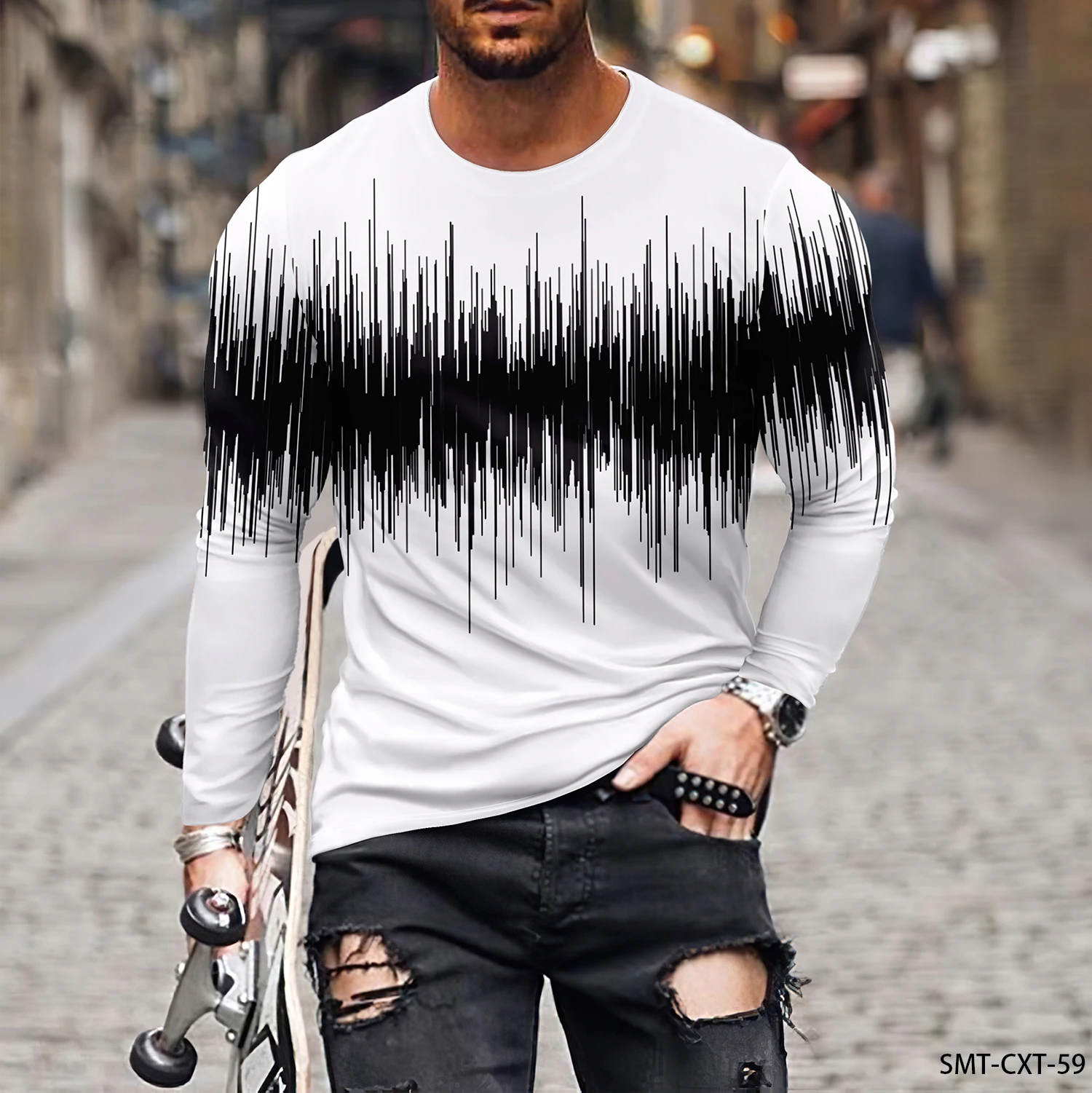 Colorful Line Pattern 3D Printing Men\'s Round Neck T-shirt Casual Long Sleeve Plus Size Pullover Fashion Trend Men\'s Clothing