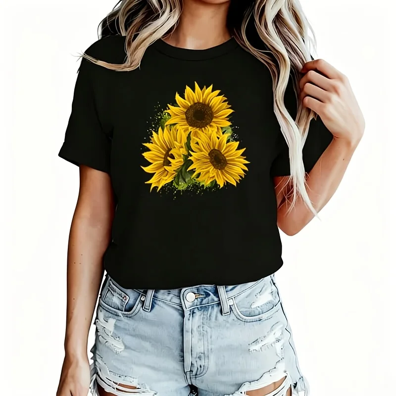 Yellow Sunflower Floral Watercolor Positivity Sunflower Women's T-Shirt 100% Cotton Funny Graphic Short Sleeve Tee Novelty Shirt Casual Crew Neck Top S-5XL