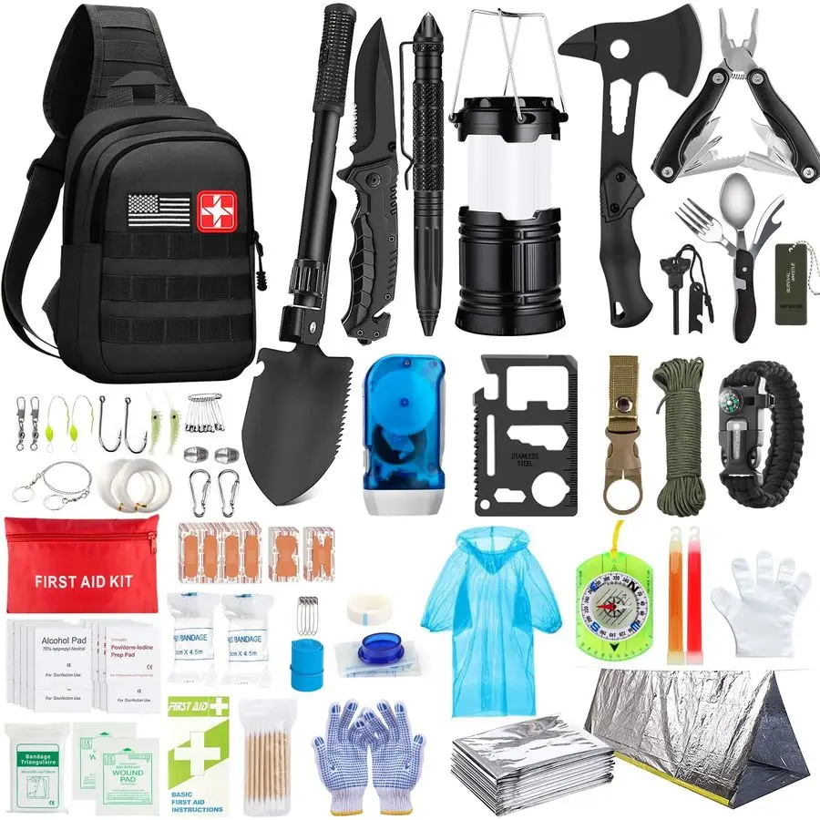 

Survival Kit, 151 Pcs Survival Gear First Aid Kit, Outdoor Trauma Bag with Tactical Flashlight Knife Pliers Pen Blanket Bracelet