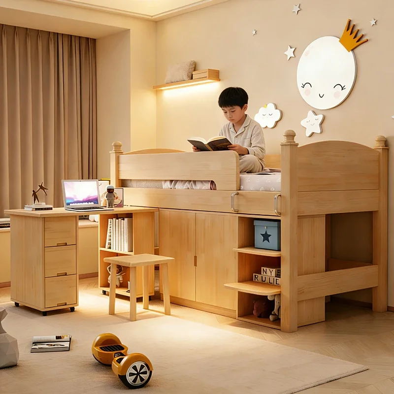 Children's bed all solid wood boys and girls multi-functional bed under the cabinet storage with desk wardrobe bookcase