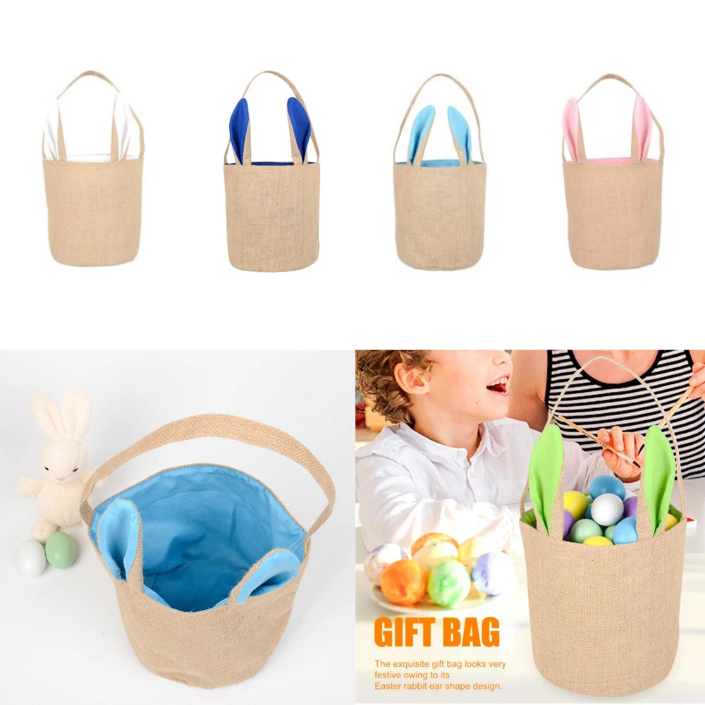 Bolsa De yute De fondo redondo para orejas De conejo, cesta portátil De Pascua, bolsa De tela para Conejo, bolsa De mano cilíndrica para regalo, 1 unidad