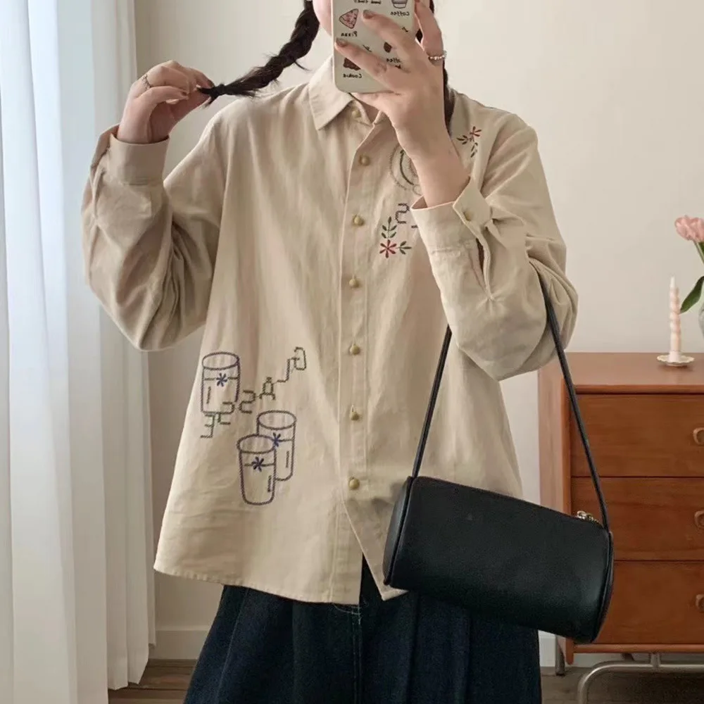 

High Quality Women 100% Cotton Yarn Blouse Shirt Autumn and Winter New Korean Version Loose Embroidered Cozy Soft Shirt Blouses