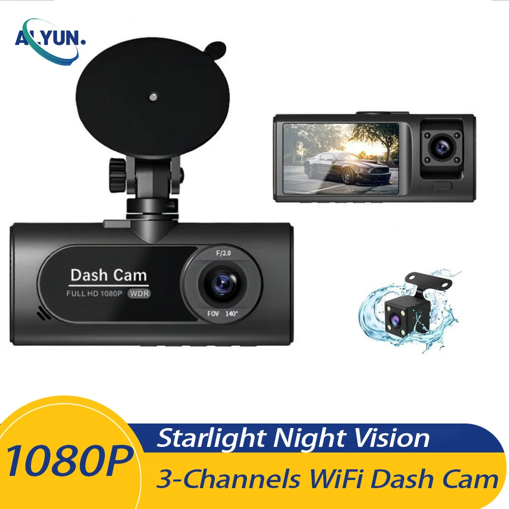 HD1080P 3-channels WiFi Dash cam Car DVR Front Inside Rear Reverse Image 170wide Angle Starlight Night Vision Mobile APP Control