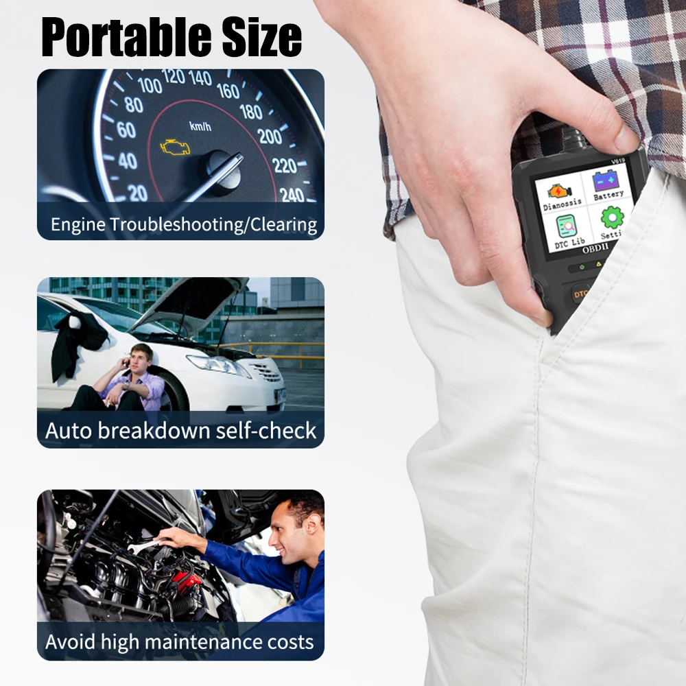 Check Engine System Multi-language Clear/Erase Codes V619 Car Diagnostic Tool Code Reader OBD2 Scanner Battery Tester