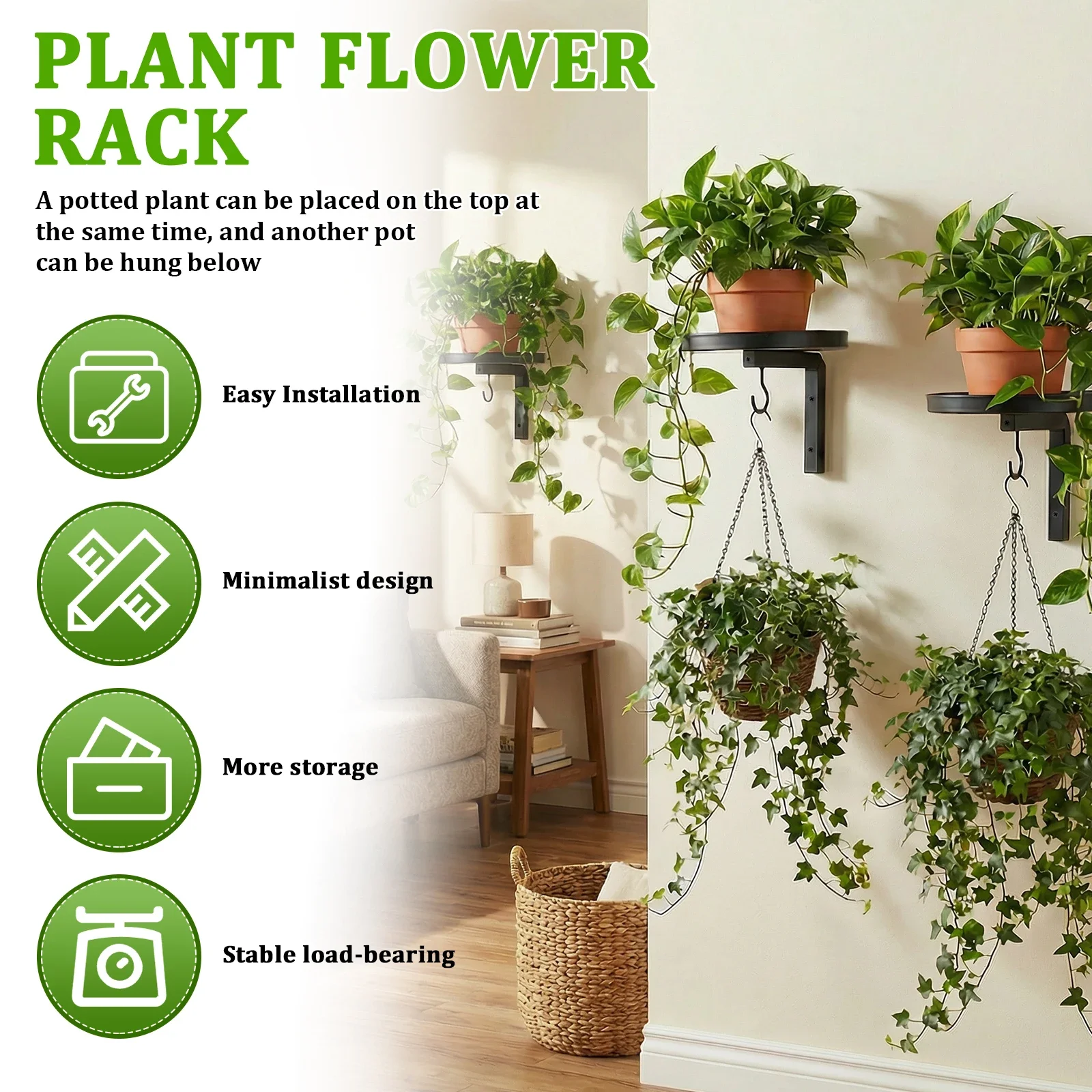 2/3Pcs Wall Plant Holder Set Metal Flower Pot Display Stand with Hook Rustproof Wall Storage Rack for Balcony Living Room Decor