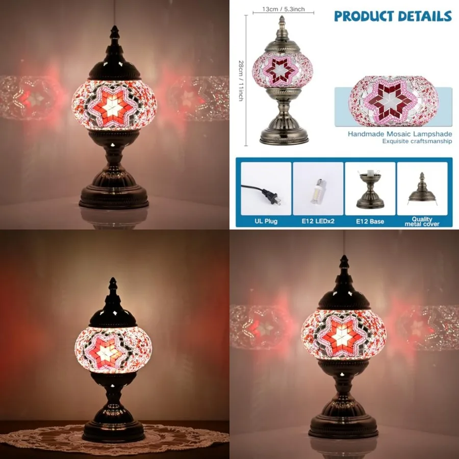 

Turkish Moroccan Table Lamp Lantern with Handmade Mosaic Glass Lampshade Tiffany Style Bohemian Stained Glass Decorative Desk L