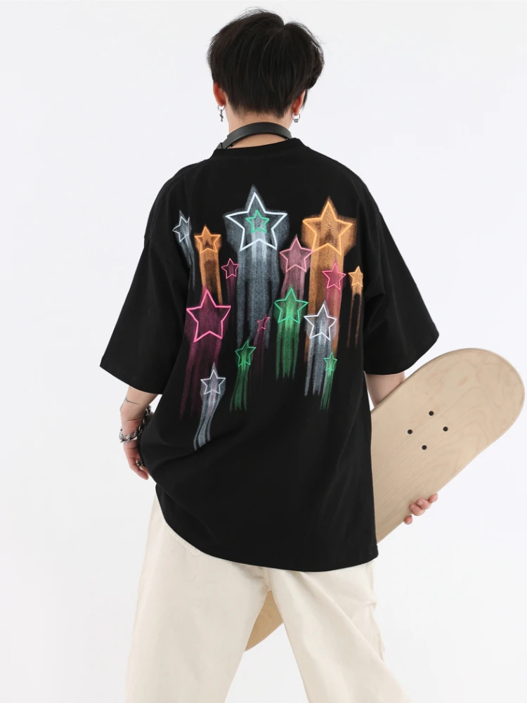 T-shirts Men Star-design Colorful Chic All-match Japanese Style Half Sleeve High Street Harajuku Handsome Couple Tops Summer New