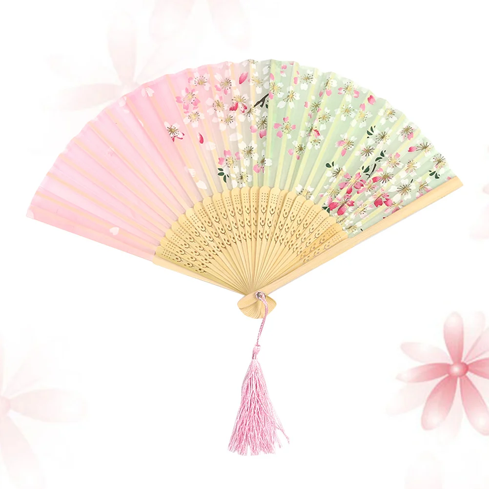 

2pcs 6 Inch Handheld Folding Cherry Blossom Design Simulated Silk Fan Tassel Party Wedding Dance Performance Gift Vintage Style