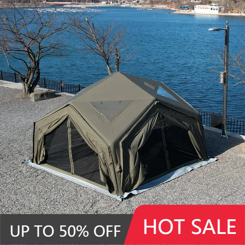 Coody Hub Station Army Green Canvas Inflatable Air Tent, 3-5 Person Four Seasons Luxury Portable Family Glamping Tent