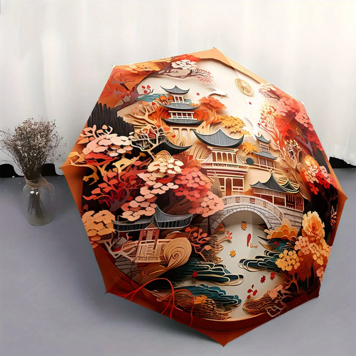 

Automatic Folding Umbrella Traditional Chinese architecture and autumn trees. Portable collapsible design, casual outdoor acce