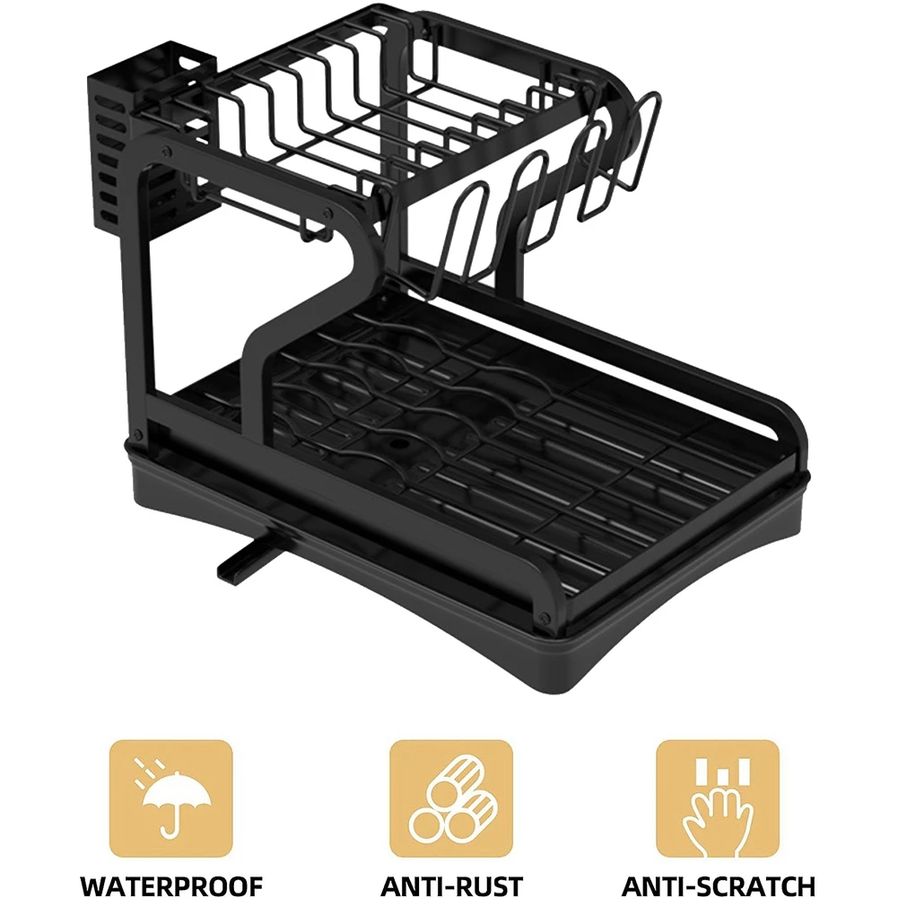 Dish Drying Rack for Kitchen Counter, 2-Tier Drainboard Set with Double-Layer Bowl Rack, Cup Rack, Drain Board