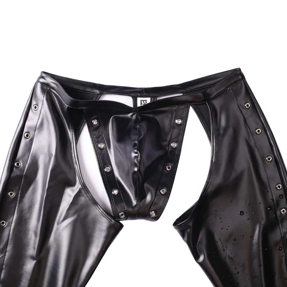 Men Sexy Pants Open Crotch Trousers Faux Leather Nightclub Stage Performance Stylish