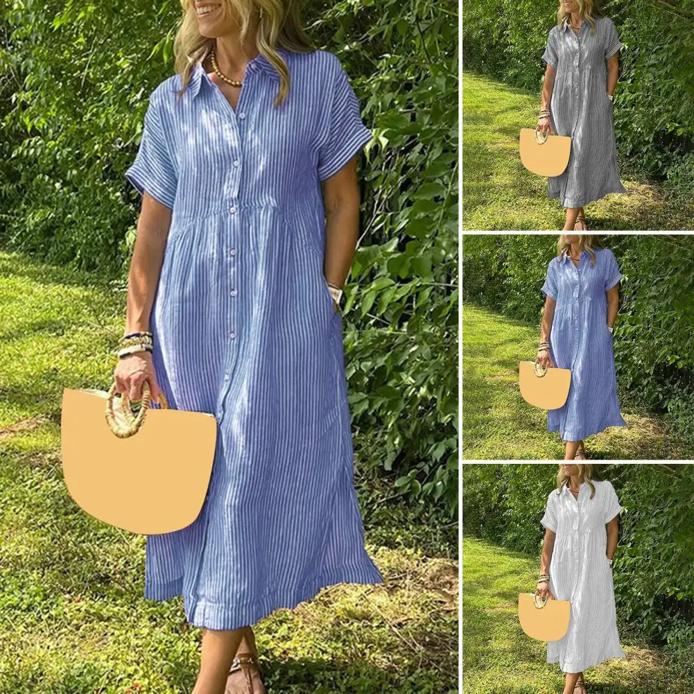 2023 frühling Frau Einreiher Strand Kleid Elegante Revers Neck Shirt Kleid Neue Sommer Beiläufige Lose Urlaub Kleid