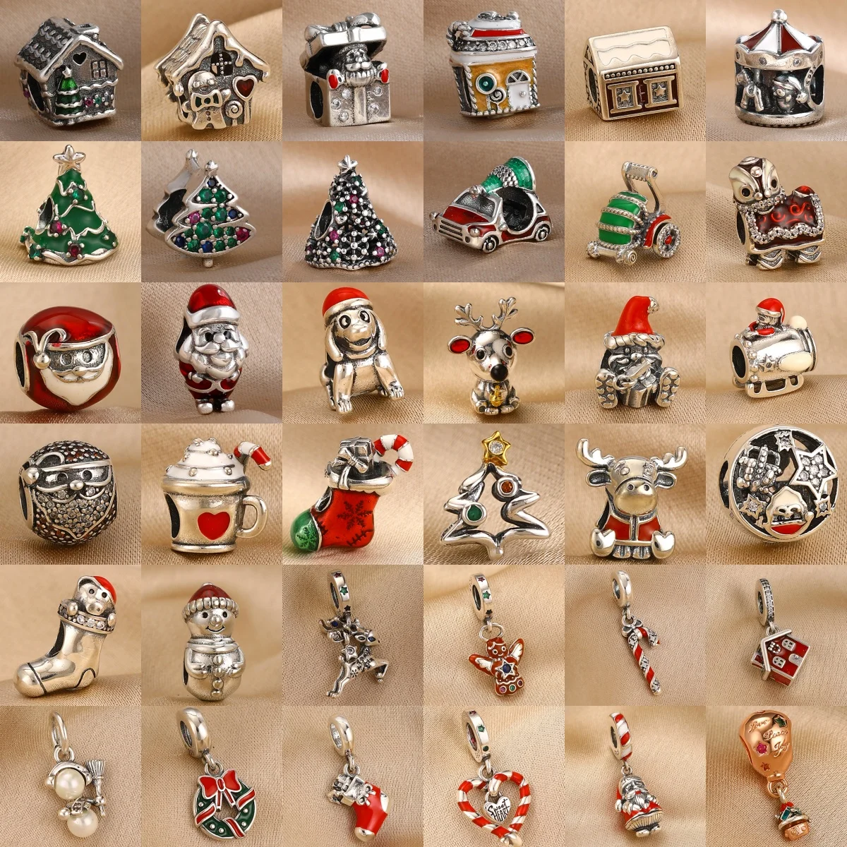Christmas Red 925 Silver Snowman Reindeer Christmas Tree Pendant Suitable for Original Bracelets DIY Women's Jewelry Accessories