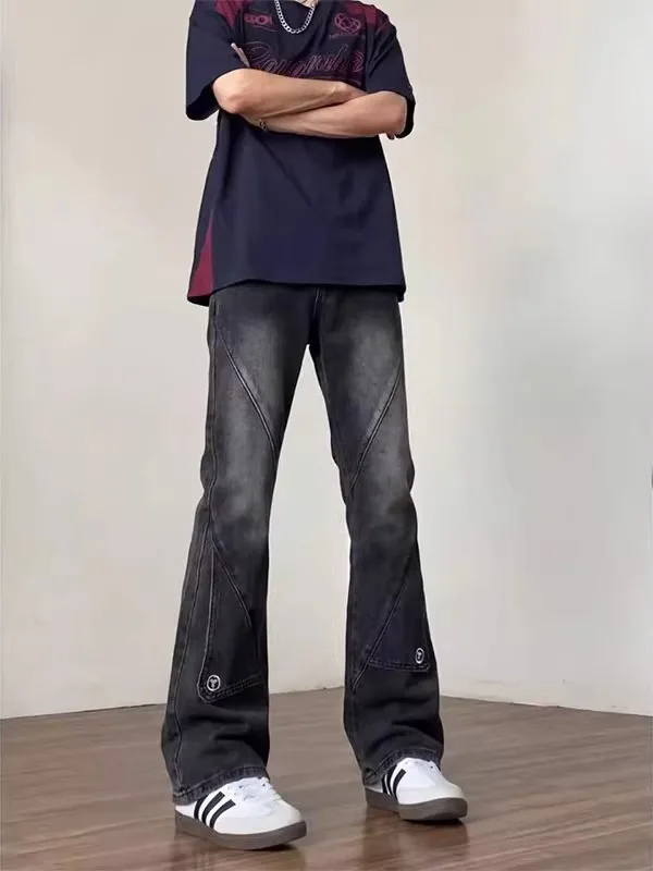Black Deconstructed Workwear Jeans Men's Spring Slimming Micro-flared Straight Leg High Street American Vibe Trousers