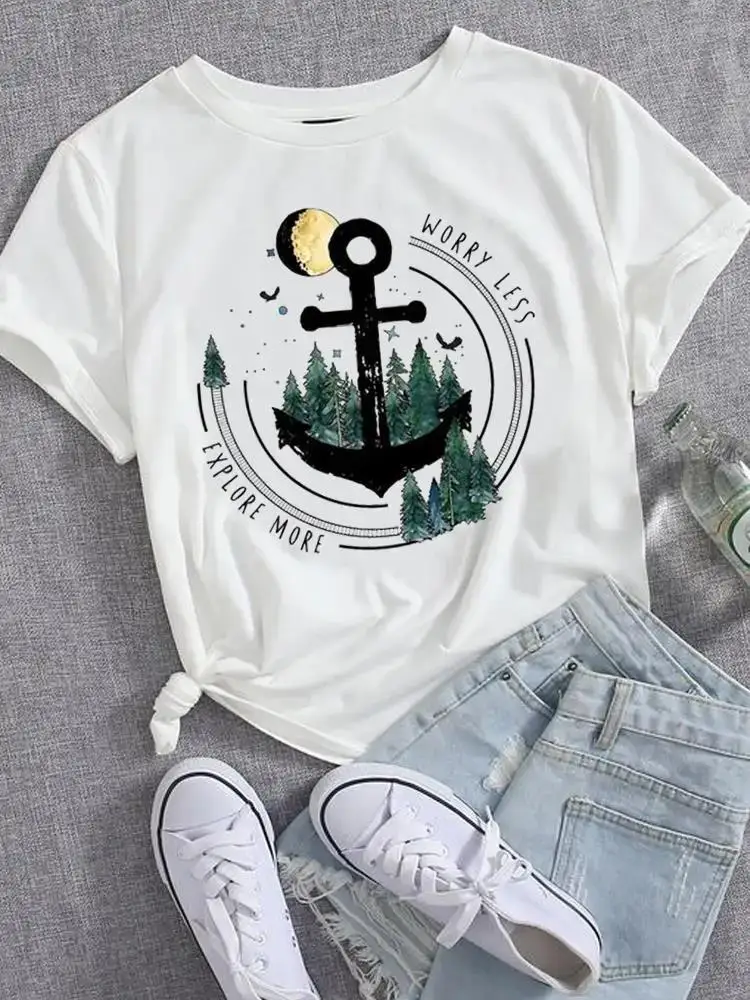 Worry Less Explore More Anchor Forest Moon Print Women T Shirt Vintage Nature Graphic Tees Casual Short Sleeve Tops