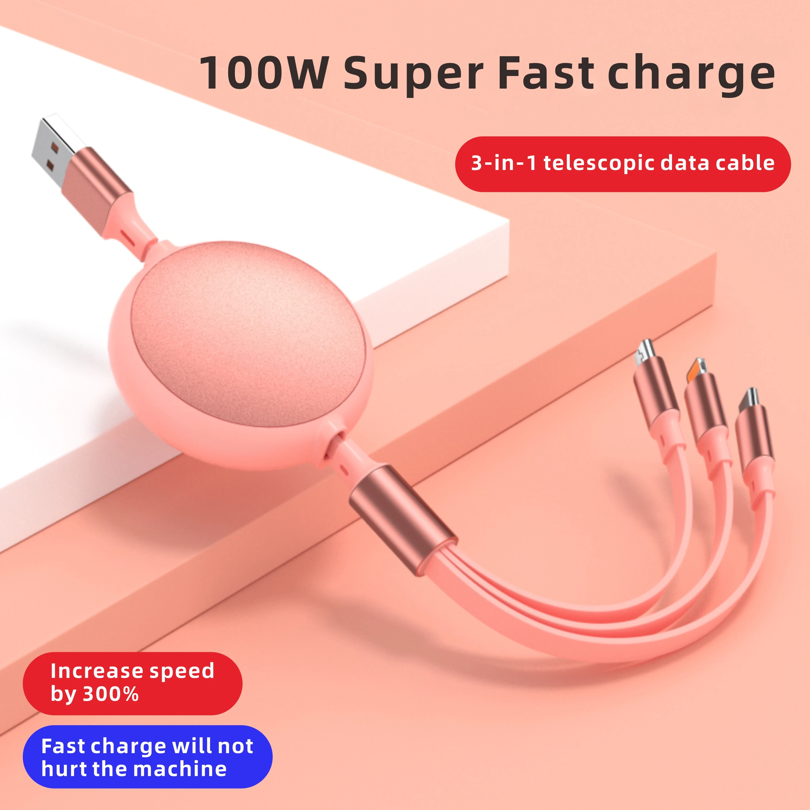 3-in-1 100W 6A Fast Charging USB To Type-C Micro Retractable Fast Charger Cable For iPhone 15 13 11 Samsung Xiaomi Huawei Redmi