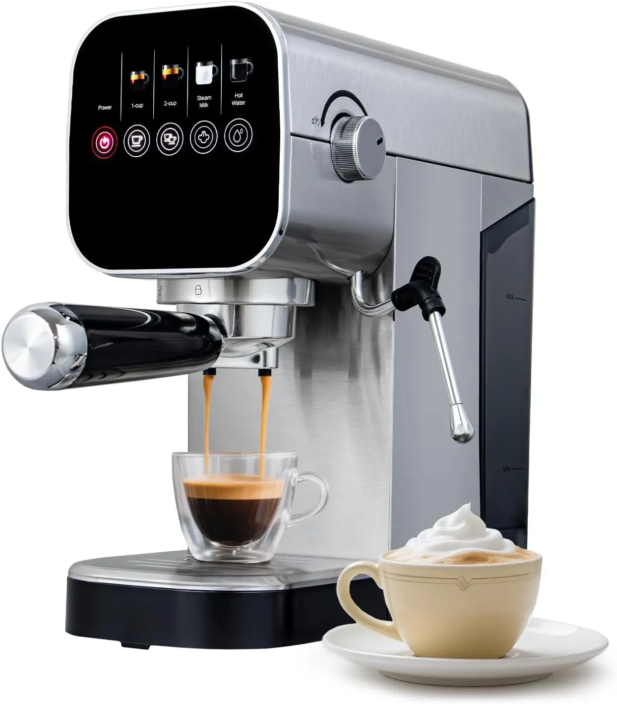 Máquina de café expreso con Espumador de leche a vapor, máquina compacta de capuchino con programable a café con pantalla táctil Americano personalizado