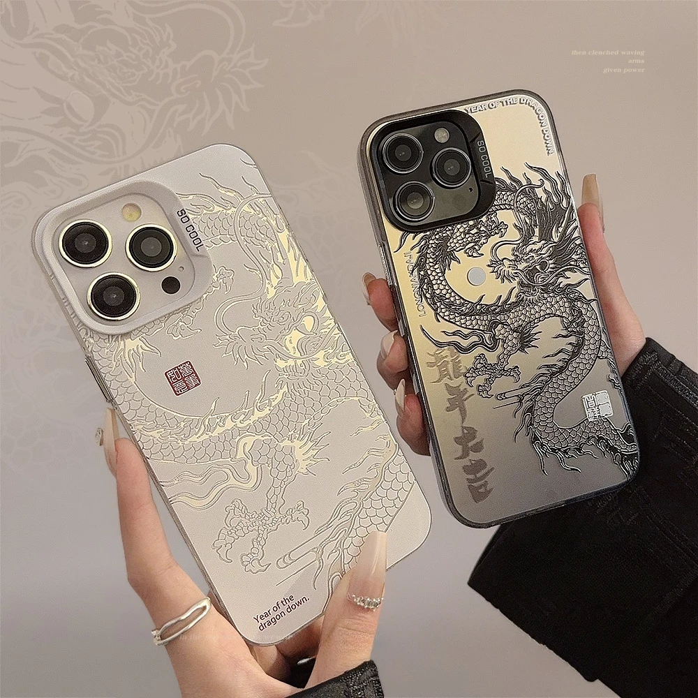 for iPhone 16 15 Pro Max 11 12 13 Mini 14 XS MAX XR 7 8 Plus Acrylic Phone Case Dragon Totem Shockproof Screen Protector Casing