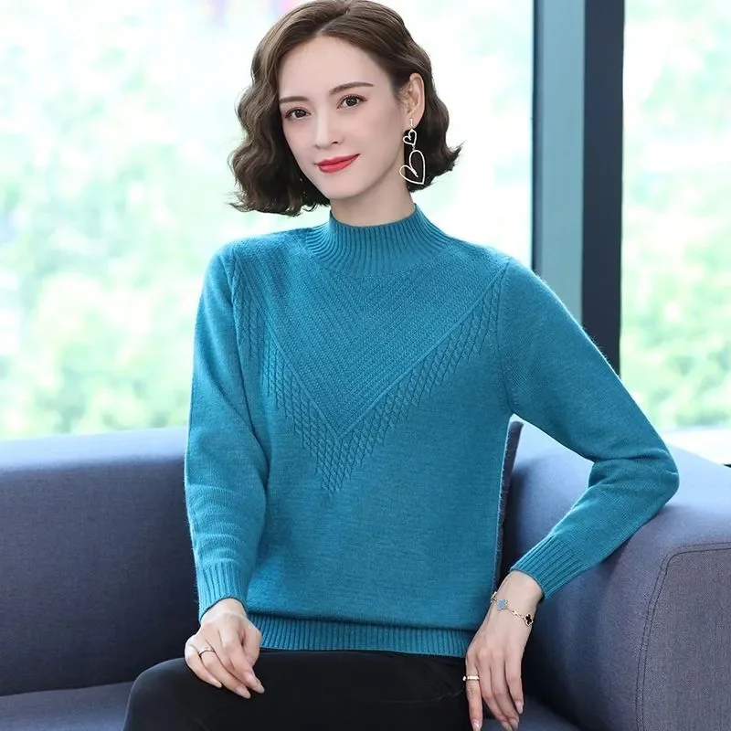 

Autumn Winter Women Sweater Half High Collar Long Sleeve Warm Basic Knitted Pullovers Solid Loose Knitwear Casual Korean Jumpers